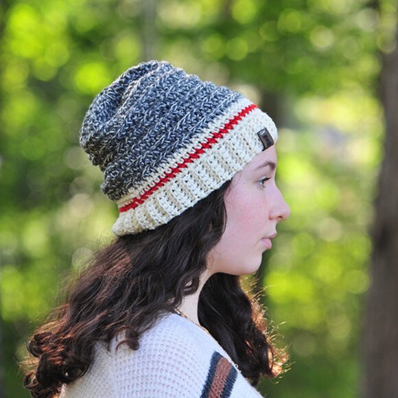 Handmade Grey and Red Sock Monkey Hat, Crochet Wool Toque Made in Canada - Picture 2 of 5